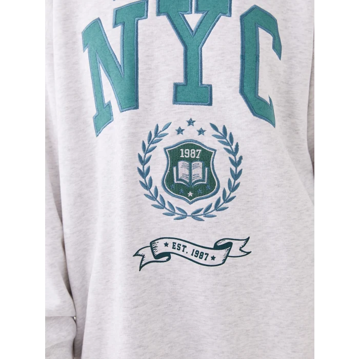 LCW Vision Gri Bisiklet Yaka Baskılı Oversize Kadın Kalın Sweatshirt