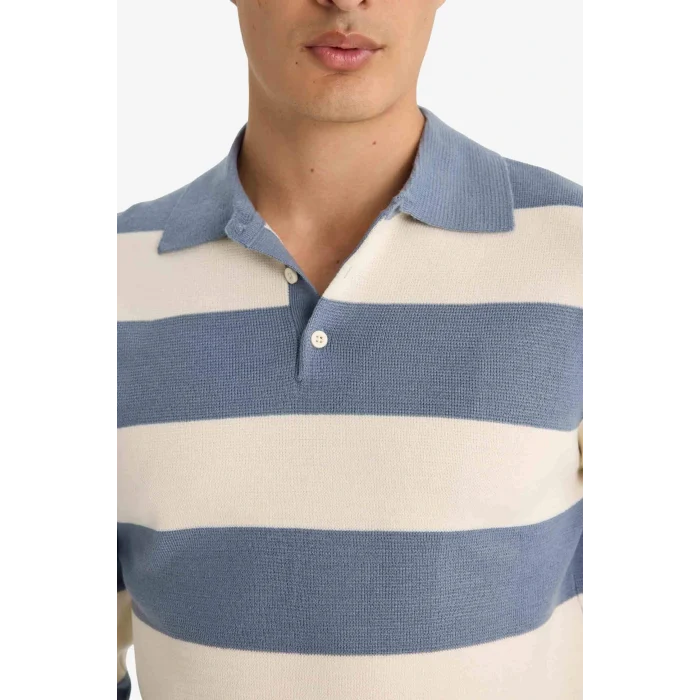 Defacto Y4194AZIN34 İndigo Standart Fit Polo Yaka Düğmeli Renk Bloklu Triko Kazak
