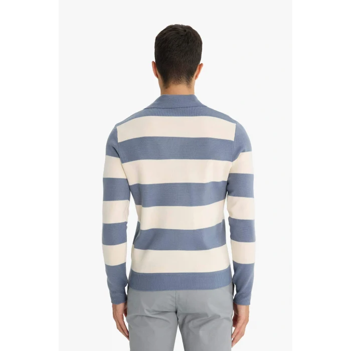 Defacto Y4194AZIN34 İndigo Standart Fit Polo Yaka Düğmeli Renk Bloklu Triko Kazak