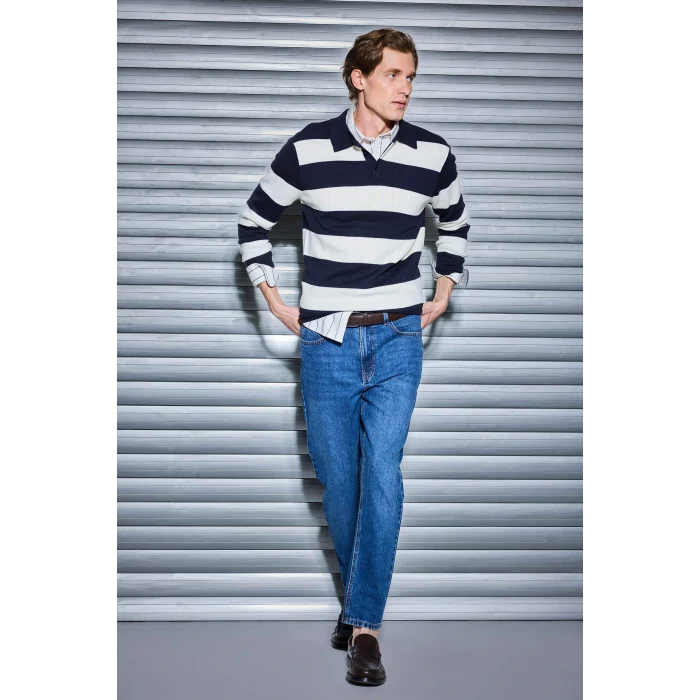 Defacto Y4194AZNV64 Lacivert Standart Fit Polo Yaka Düğmeli Renk Bloklu Triko Kazak