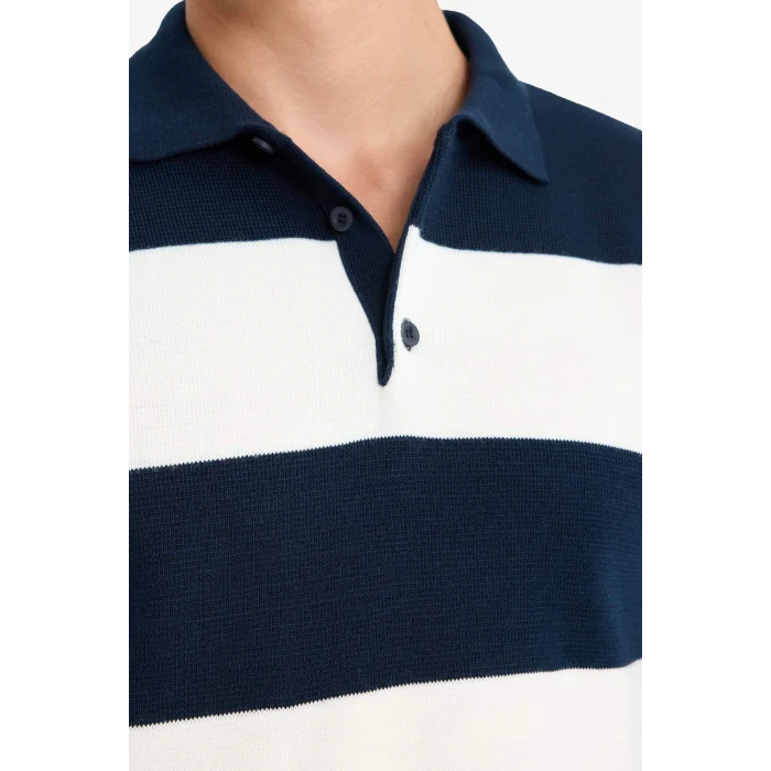 Defacto Y4194AZNV64 Lacivert Standart Fit Polo Yaka Düğmeli Renk Bloklu Triko Kazak