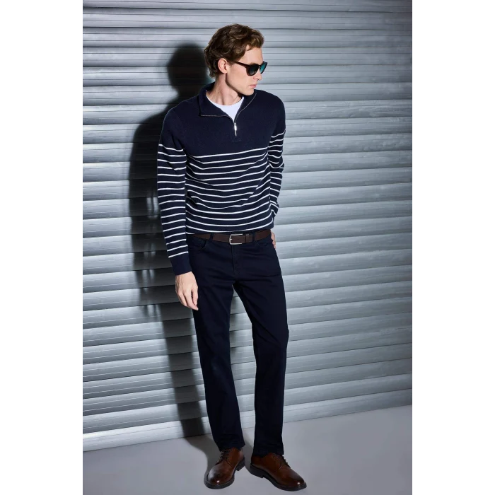 Defacto F1522AXNV64 Lacivert Standart Fit Yarım Fermuarlı Çizgili Triko Kazak