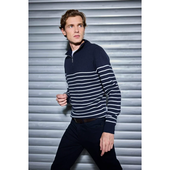 Defacto F1522AXNV64 Lacivert Standart Fit Yarım Fermuarlı Çizgili Triko Kazak