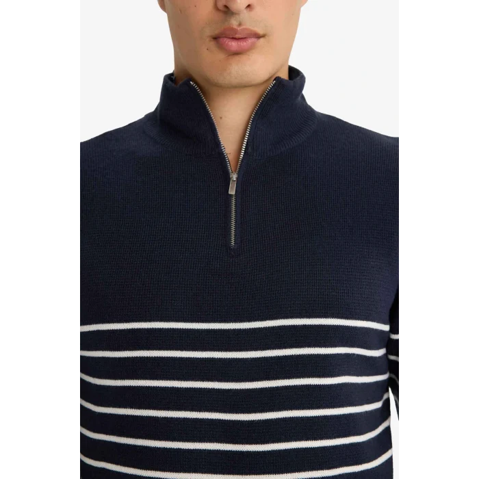 Defacto F1522AXNV64 Lacivert Standart Fit Yarım Fermuarlı Çizgili Triko Kazak