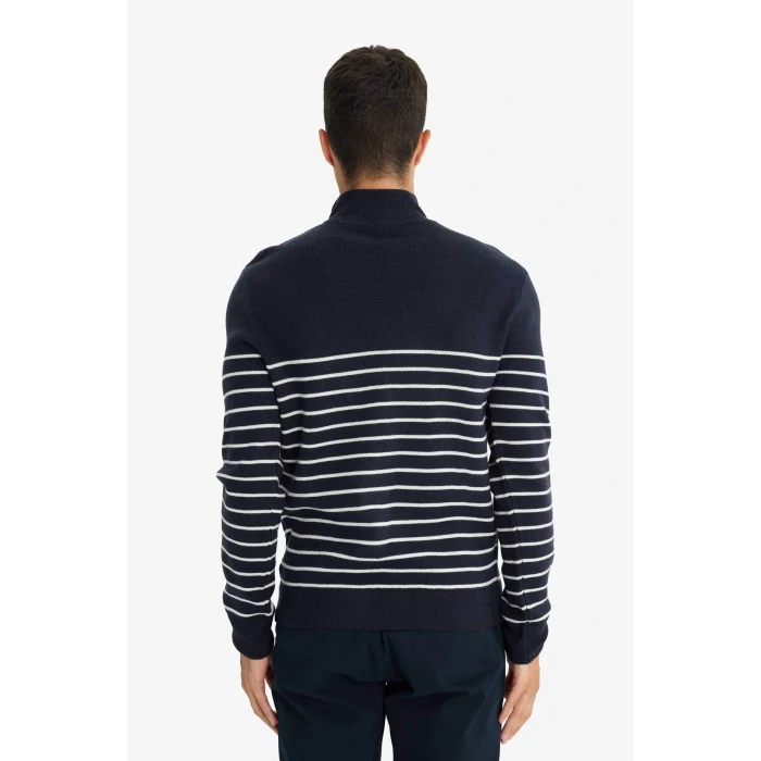 Defacto F1522AXNV64 Lacivert Standart Fit Yarım Fermuarlı Çizgili Triko Kazak