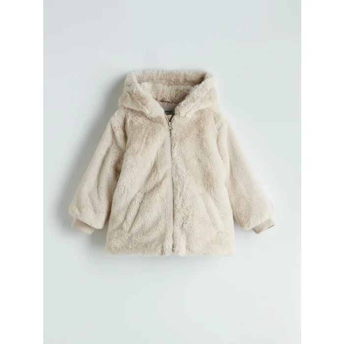 LCW Kids Ekru Kapüşonlu Kız Çocuk Pelüş Mont
