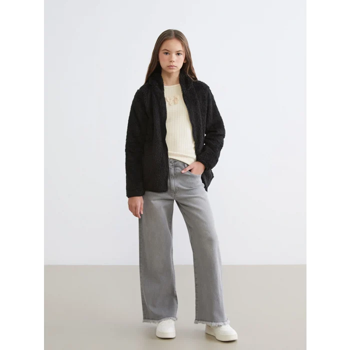 LCW Kids Siyah Kapüşonlu Pelüş Kız Çocuk Fermuarlı Sweatshirt