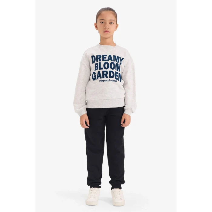 Defacto G3801A8GR85 Gri Kız Çocuk Relax Fit Bisiklet Yaka Baskılı Sweatshirt