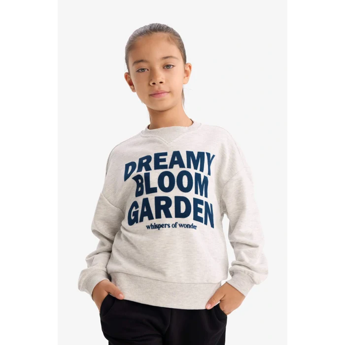 Defacto G3801A8GR85 Gri Kız Çocuk Relax Fit Bisiklet Yaka Baskılı Sweatshirt
