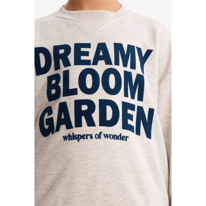 Defacto G3801A8GR85 Gri Kız Çocuk Relax Fit Bisiklet Yaka Baskılı Sweatshirt