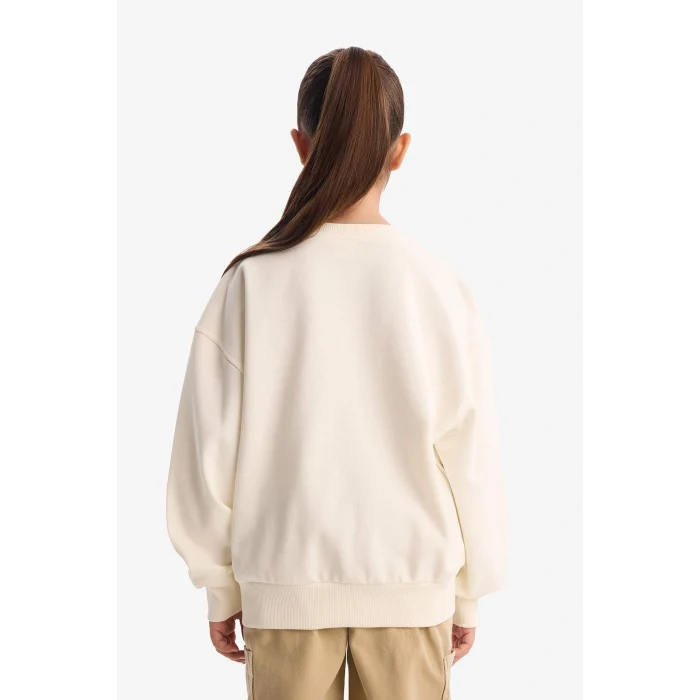 Defacto G3406A8ER105 Ekru Kız Çocuk Relax Fit Bisiklet Yaka Baskılı Sweatshirt