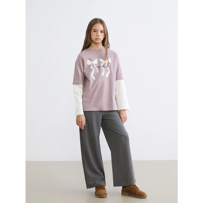 LCW Kids Lila Bisiklet Yaka Fiyonk Baskılı Kız Çocuk Tişört