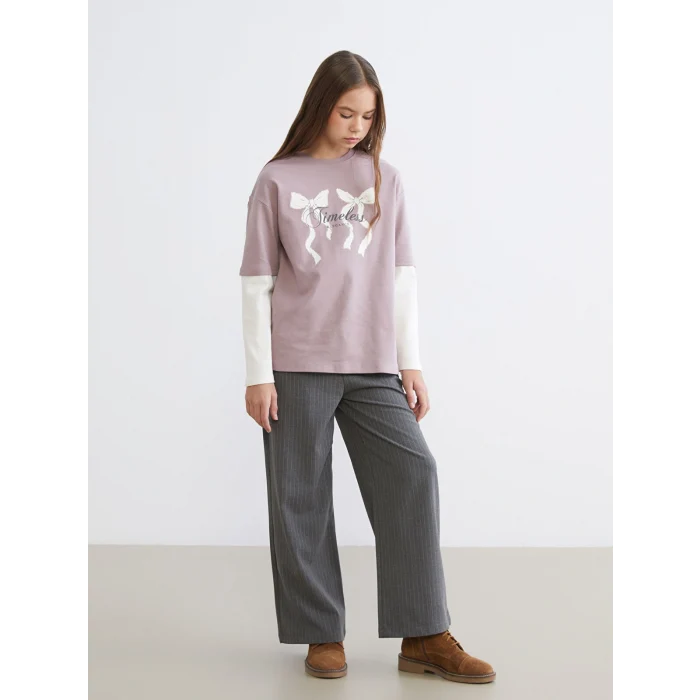 LCW Kids Gri Beli Lastikli Çizgili Kız Çocuk Pantolon