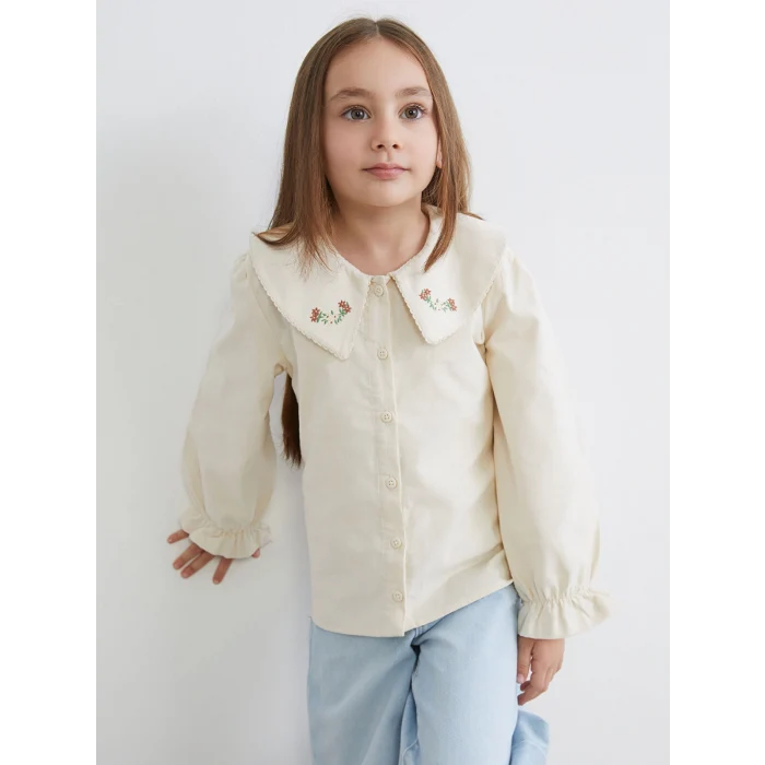LCW Kids Ekru Bebe Yaka Çiçekli Kadife Kız Çocuk Gömlek