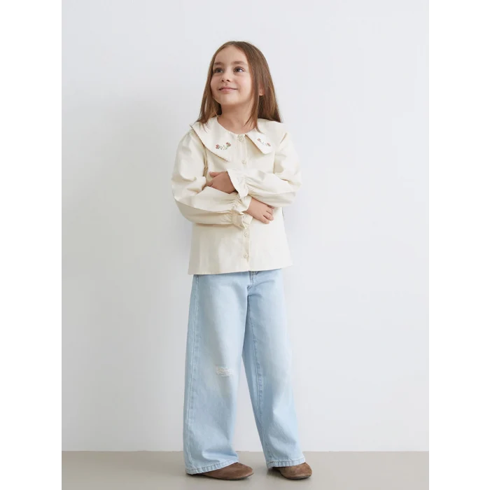 LCW Kids Ekru Bebe Yaka Çiçekli Kadife Kız Çocuk Gömlek