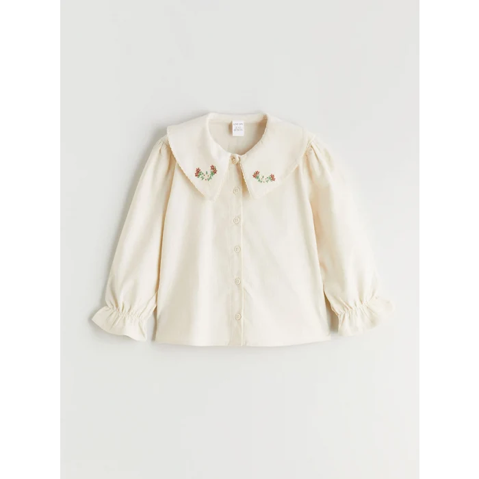 LCW Kids Ekru Bebe Yaka Çiçekli Kadife Kız Çocuk Gömlek