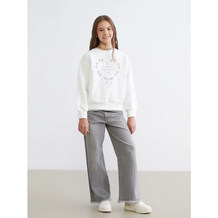 LCW Kids Ekru Bisiklet Yaka Kız Çocuk Sweatshirt