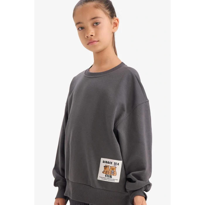 Defacto G3405A8AR148 Antrasit Kız Çocuk Oversize Geniş Kalıp Bisiklet Yaka Sırt Baskılı Sweatshirt