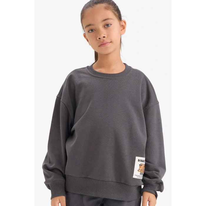 Defacto G3405A8AR148 Antrasit Kız Çocuk Oversize Geniş Kalıp Bisiklet Yaka Sırt Baskılı Sweatshirt