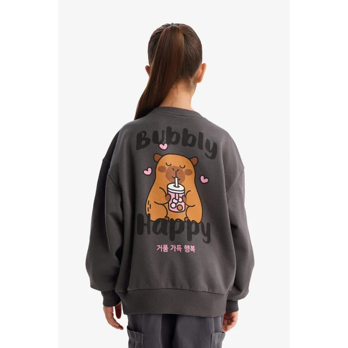 Defacto G3405A8AR148 Antrasit Kız Çocuk Oversize Geniş Kalıp Bisiklet Yaka Sırt Baskılı Sweatshirt