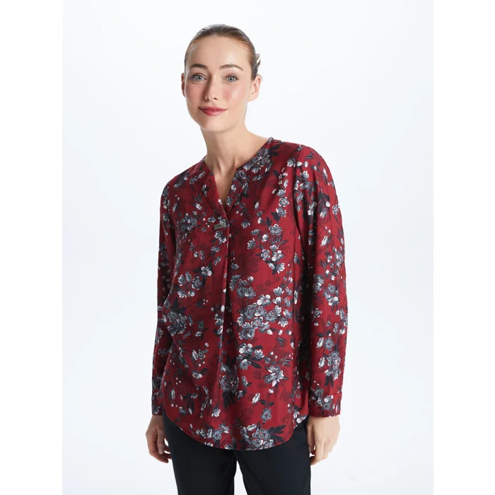 LCW Grace Kırmızı Kaçık Yaka Çiçekli Uzun Kollu Kadın Bluz