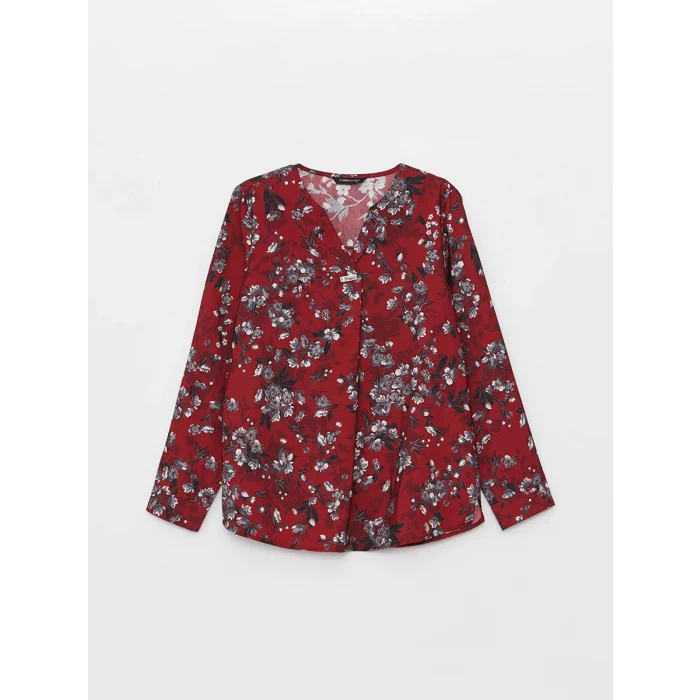 LCW Grace Kırmızı Kaçık Yaka Çiçekli Uzun Kollu Kadın Bluz