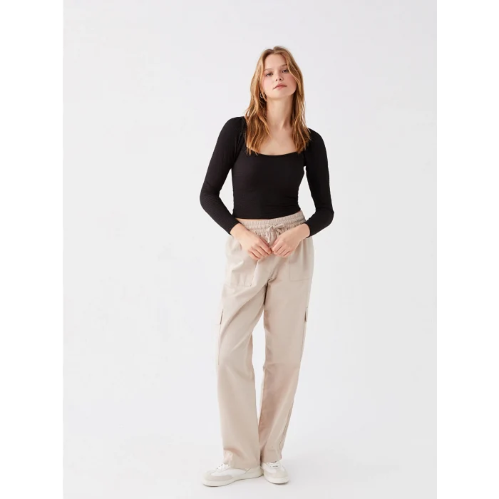 LCW Vision Siyah U Yaka Düz Uzun Kollu Kadın Crop