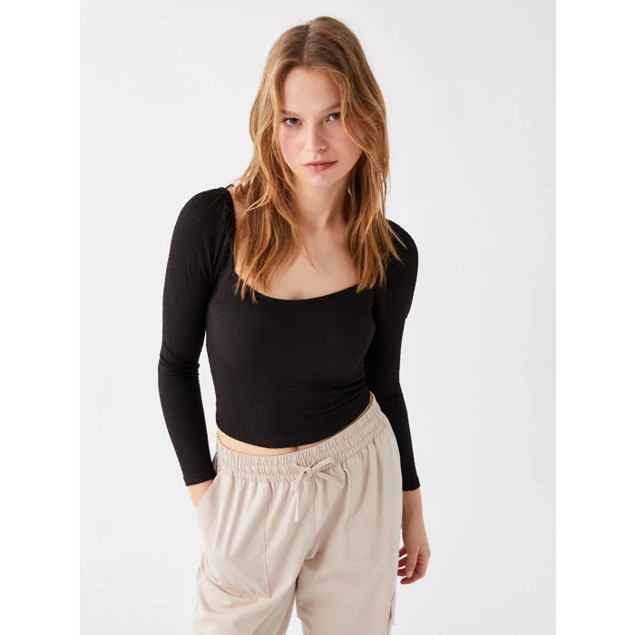 LCW Vision Siyah U Yaka Düz Uzun Kollu Kadın Crop
