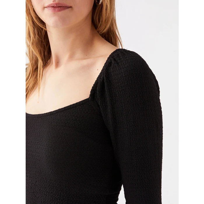 LCW Vision Siyah U Yaka Düz Uzun Kollu Kadın Crop