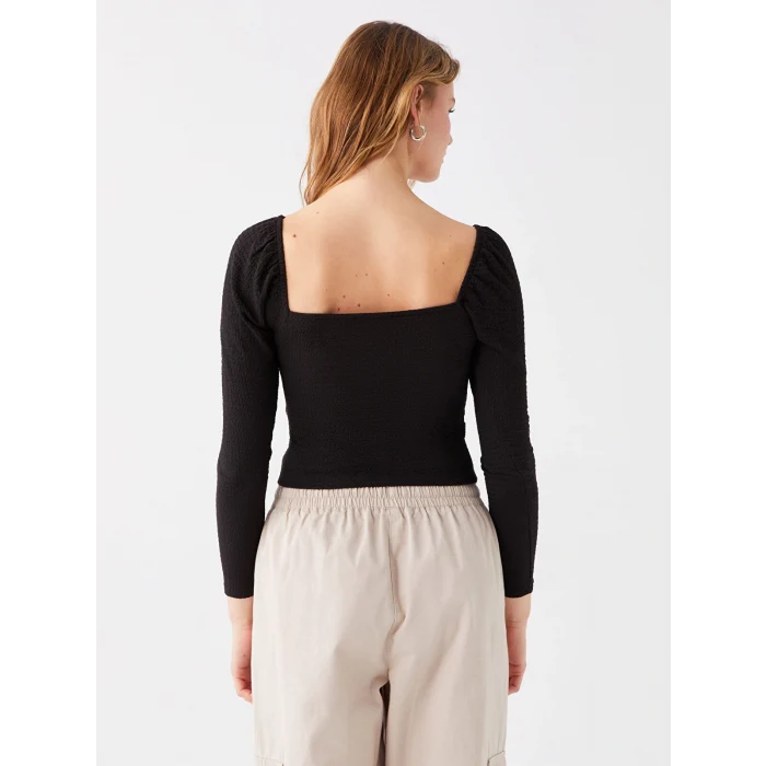 LCW Vision Siyah U Yaka Düz Uzun Kollu Kadın Crop