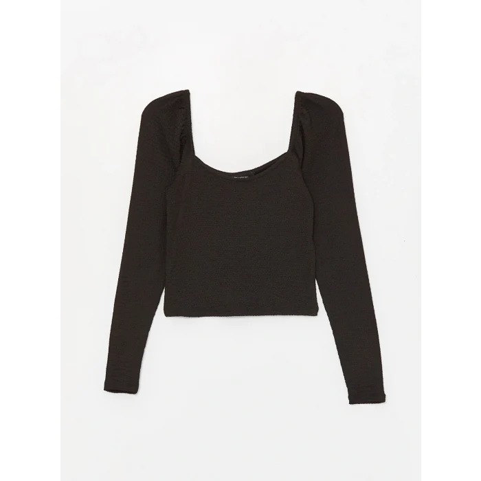 LCW Vision Siyah U Yaka Düz Uzun Kollu Kadın Crop