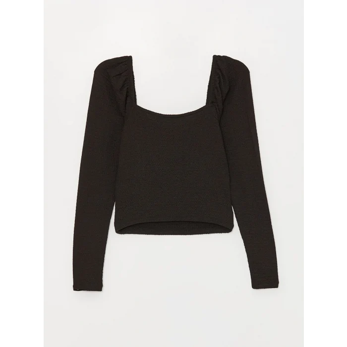 LCW Vision Siyah U Yaka Düz Uzun Kollu Kadın Crop