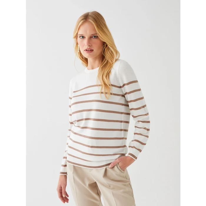 LCWAIKIKI Basic Ekru Bisiklet Yaka Çizgili Uzun Kollu Kadın Triko Kazak