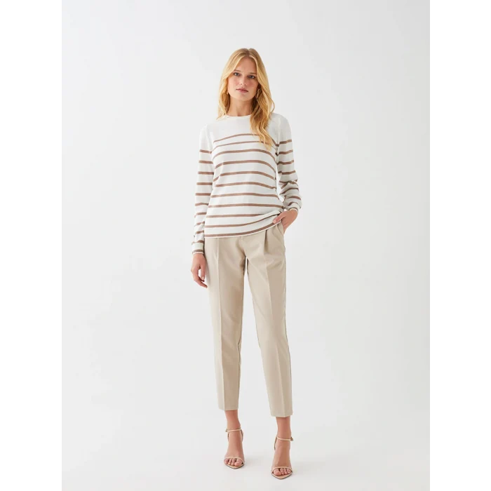 LCWAIKIKI Basic Ekru Bisiklet Yaka Çizgili Uzun Kollu Kadın Triko Kazak