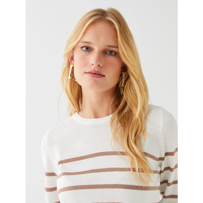 LCWAIKIKI Basic Ekru Bisiklet Yaka Çizgili Uzun Kollu Kadın Triko Kazak