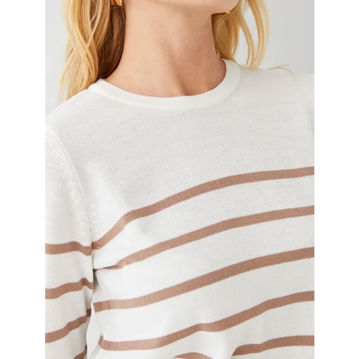 LCWAIKIKI Basic Ekru Bisiklet Yaka Çizgili Uzun Kollu Kadın Triko Kazak