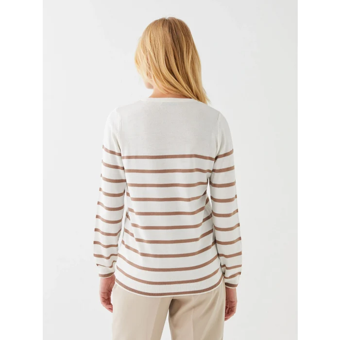 LCWAIKIKI Basic Ekru Bisiklet Yaka Çizgili Uzun Kollu Kadın Triko Kazak