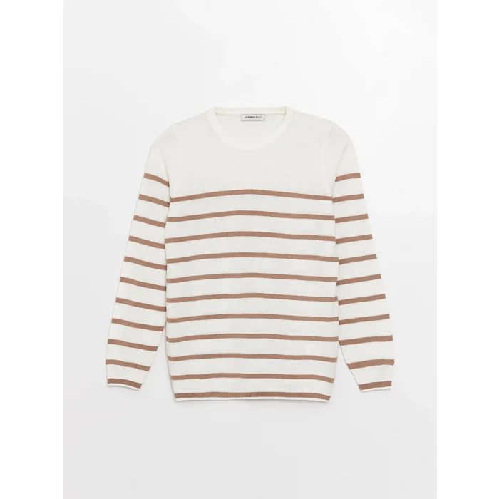 LCWAIKIKI Basic Ekru Bisiklet Yaka Çizgili Uzun Kollu Kadın Triko Kazak