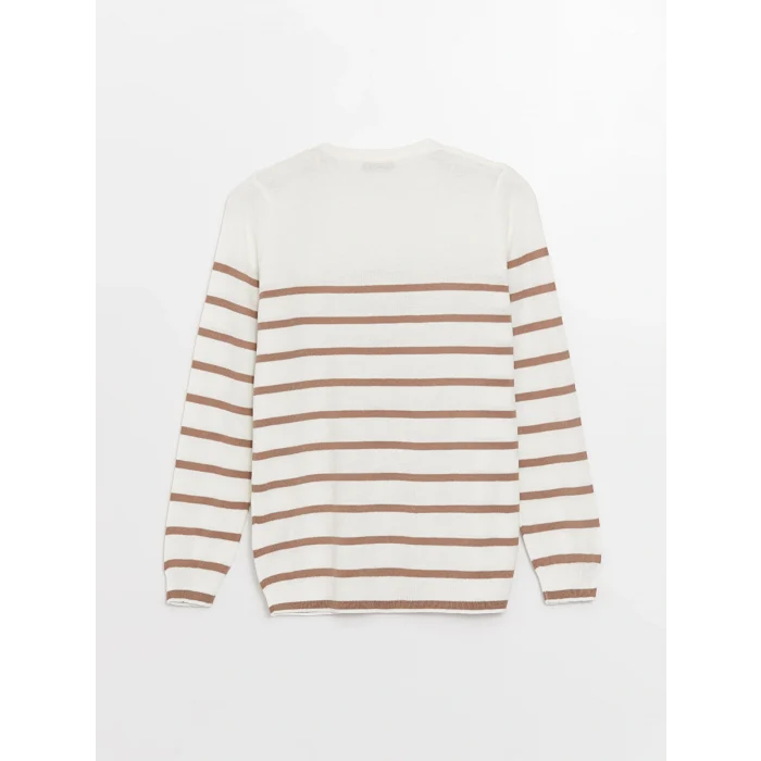 LCWAIKIKI Basic Ekru Bisiklet Yaka Çizgili Uzun Kollu Kadın Triko Kazak