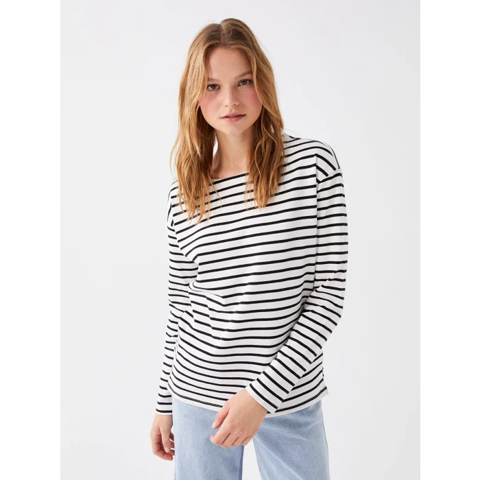 LCW Vision Ekru Bisiklet Yaka Çizgili Uzun Kollu Kadın Tişört