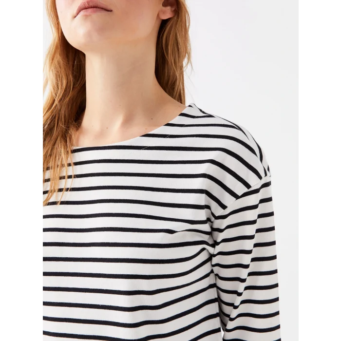 LCW Vision Ekru Bisiklet Yaka Çizgili Uzun Kollu Kadın Tişört