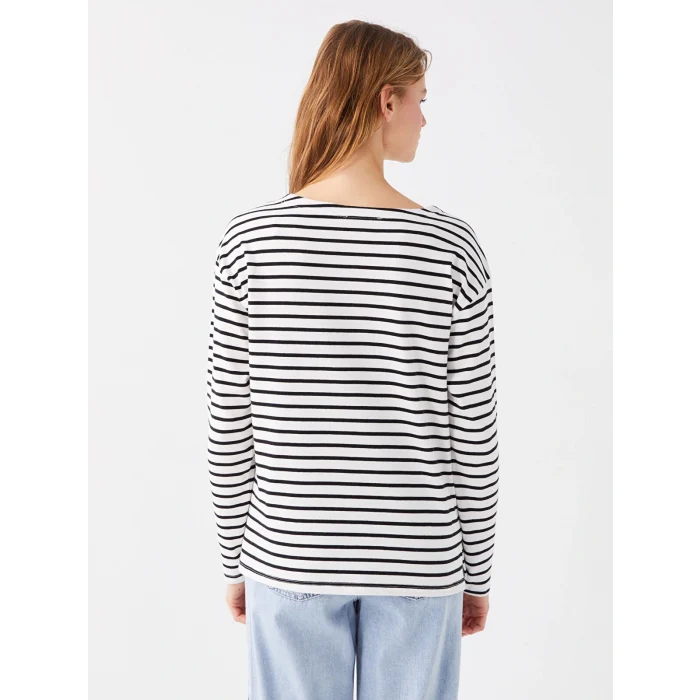 LCW Vision Ekru Bisiklet Yaka Çizgili Uzun Kollu Kadın Tişört