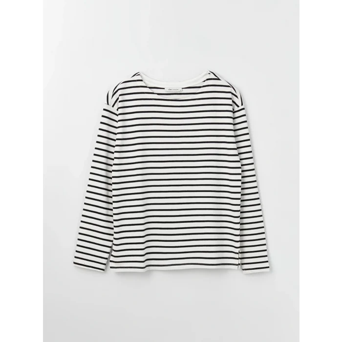 LCW Vision Ekru Bisiklet Yaka Çizgili Uzun Kollu Kadın Tişört