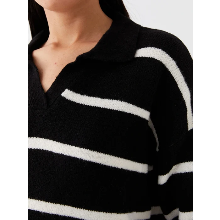 LCW Vision Siyah Polo Yaka Çizgili Oversize Kadın Triko Kazak