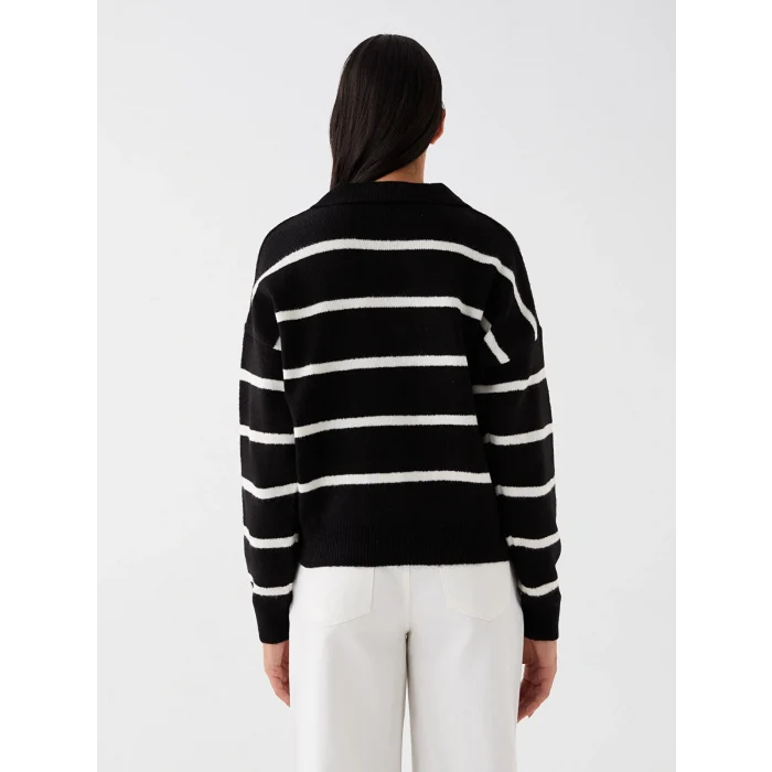 LCW Vision Siyah Polo Yaka Çizgili Oversize Kadın Triko Kazak