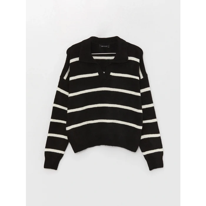 LCW Vision Siyah Polo Yaka Çizgili Oversize Kadın Triko Kazak