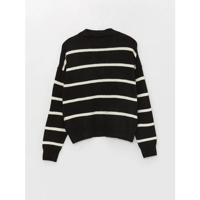 LCW Vision Siyah Polo Yaka Çizgili Oversize Kadın Triko Kazak