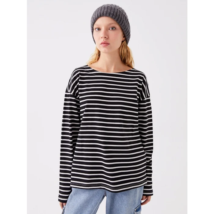 LCW Vision Siyah Bisiklet Yaka Çizgili Uzun Kollu Kadın Tişört