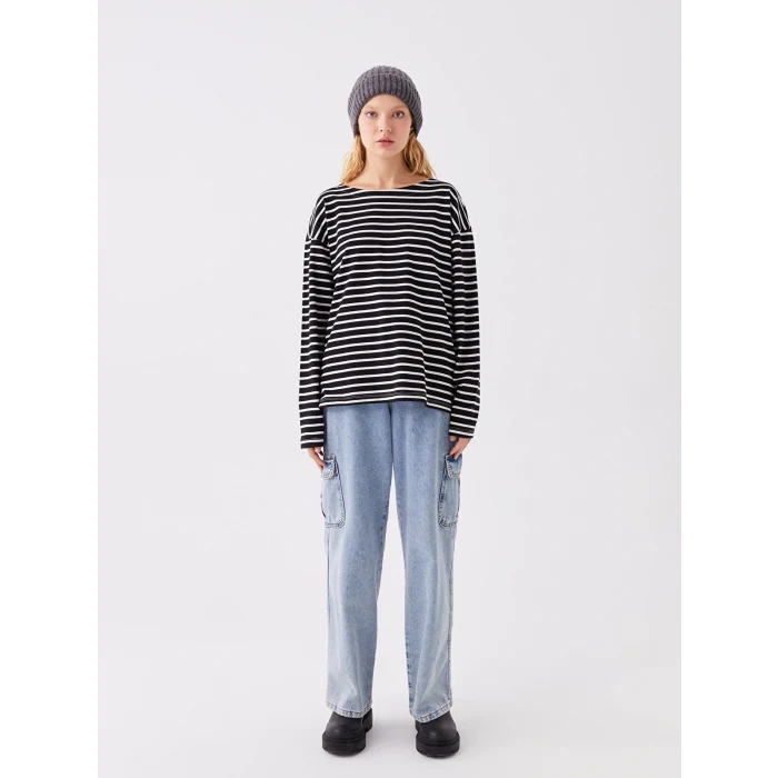 LCW Vision Siyah Bisiklet Yaka Çizgili Uzun Kollu Kadın Tişört