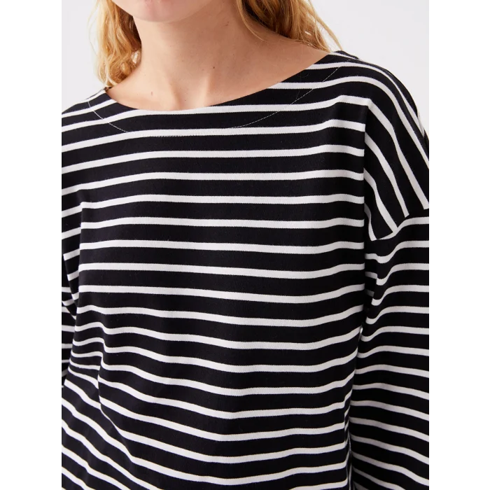 LCW Vision Siyah Bisiklet Yaka Çizgili Uzun Kollu Kadın Tişört